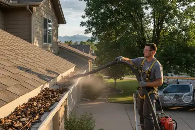 Professional gutter cleaning technician removing debris from gutters on a Denver, CO vinyl-siding home