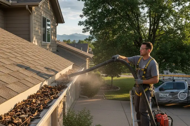 Professional gutter cleaning technician removing debris from gutters on a Denver, CO vinyl-siding home