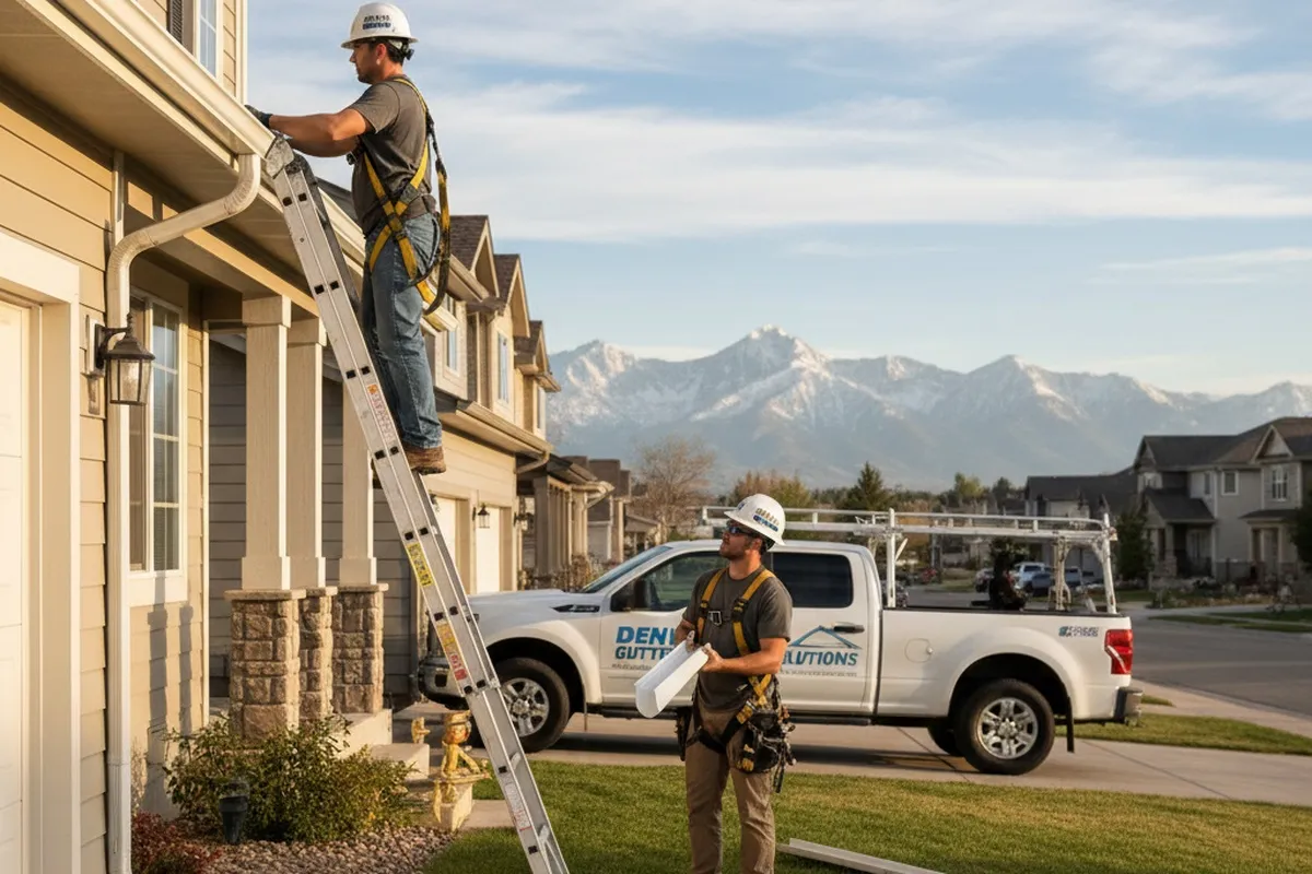 Technicians performing professional gutter repair and installation on a Denver, CO home exterior