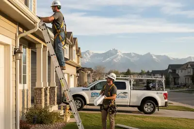 Technicians performing professional gutter repair and installation on a Denver, CO home exterior