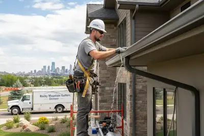 Technician installing seamless gutters on Denver CO home for Next Level Exteriors vinyl siding service