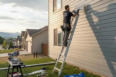 Technician repairing vinyl siding on Denver CO home with precision tools and professional installation skills