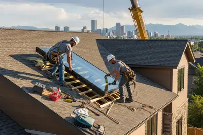 Technicians installing skylight on Denver CO home roof, expert vinyl siding and exterior service