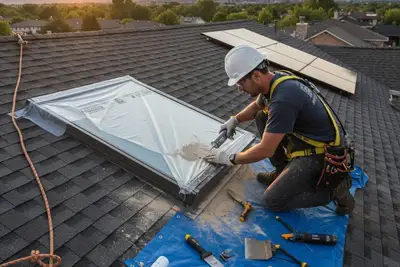 Technician performing skylight repair on Denver CO roof for vinyl siding and exterior restoration service