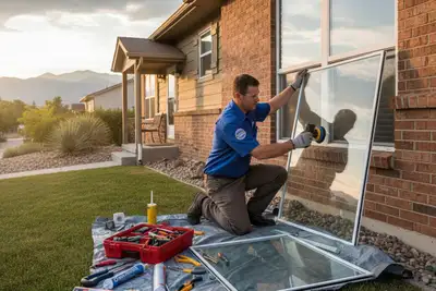 Technician performing window repair at Denver CO home for Next Level Exteriors vinyl siding service