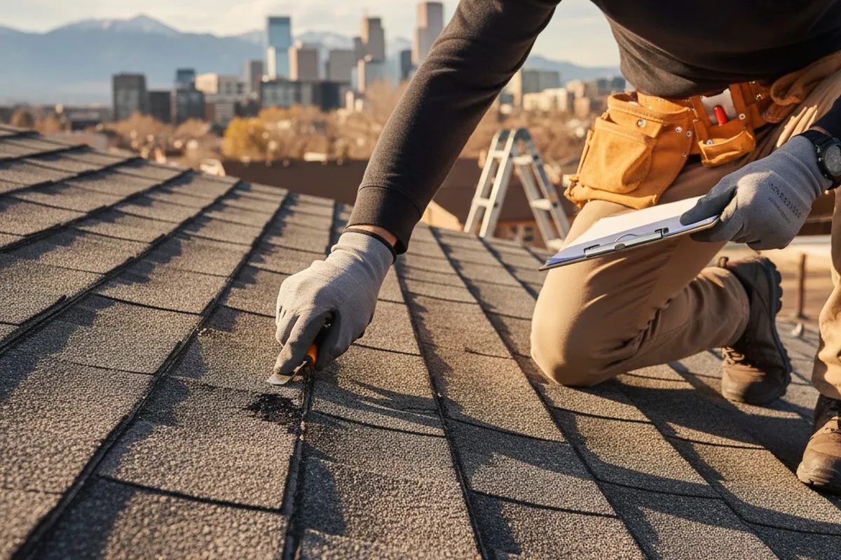 Close-up roof shingle inspection for damage by vinyl-siding contractor in Denver, CO