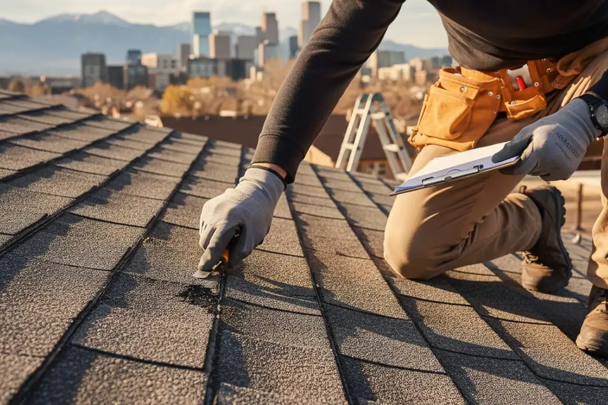 Close-up roof shingle inspection for damage by vinyl-siding contractor in Denver, CO