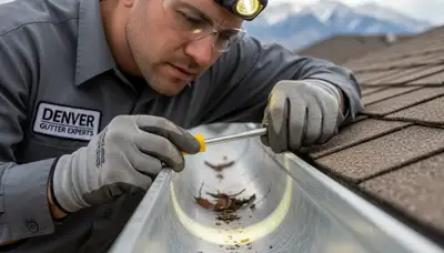 Technician inspecting gutter joints and fasteners for damage on Denver CO home exterior siding system