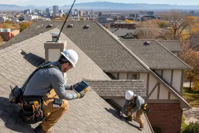Roof inspection technician examining residential roof in Denver CO for Next Level Exteriors vinyl siding services