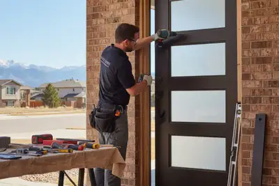 Technician installing new exterior door at Denver CO home for Next Level Exteriors vinyl siding project