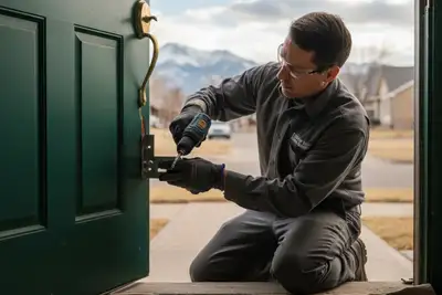 Denver technician repairing residential door with tools | Professional vinyl siding repair Denver CO