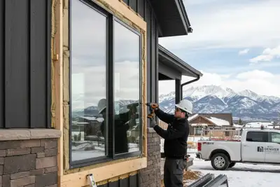 Technicians installing energy-efficient windows at a Denver CO home for Next Level Exteriors vinyl siding service