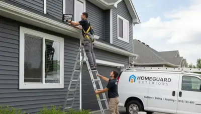 Technician performing gutter inspection on Denver CO home with vinyl siding exterior