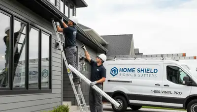 Technician repairing residential gutters on vinyl-sided home in Denver, CO