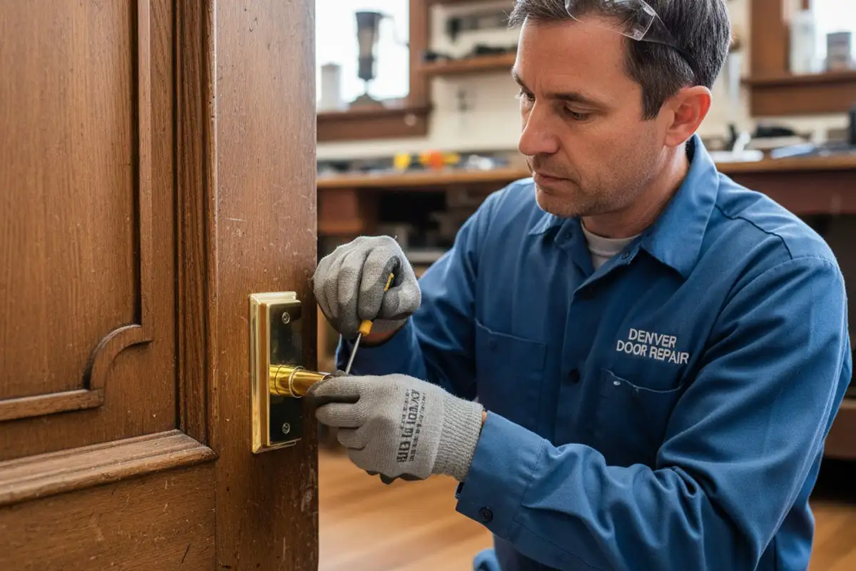 Denver technician performing precise door repair and alignment work | Next Level Exteriors vinyl siding expert