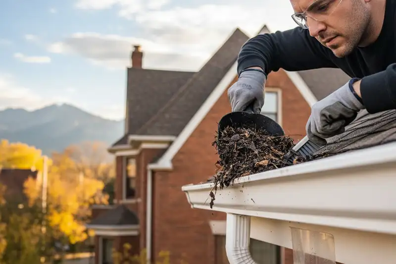 Technician performing precise gutter cleaning and debris removal at a Denver, CO vinyl-siding home