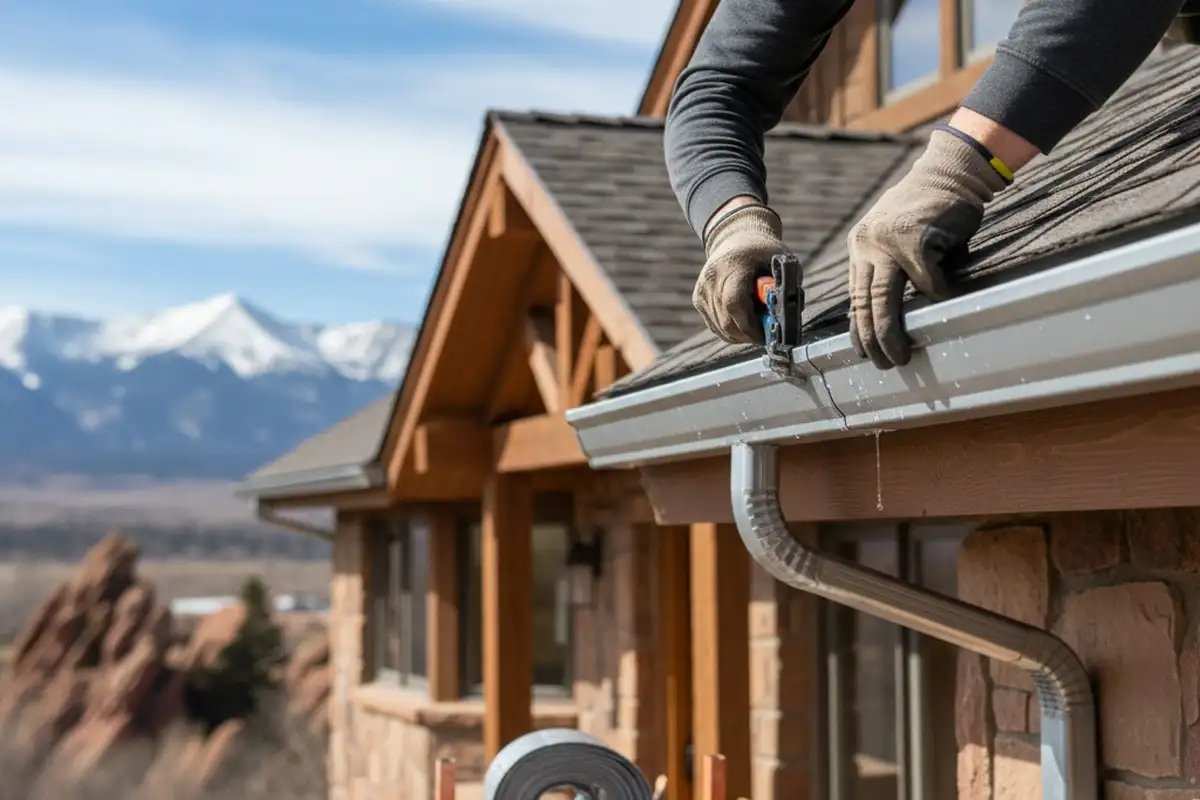 Technician aligning seamless gutters with precision at a Denver, CO home for vinyl siding installation