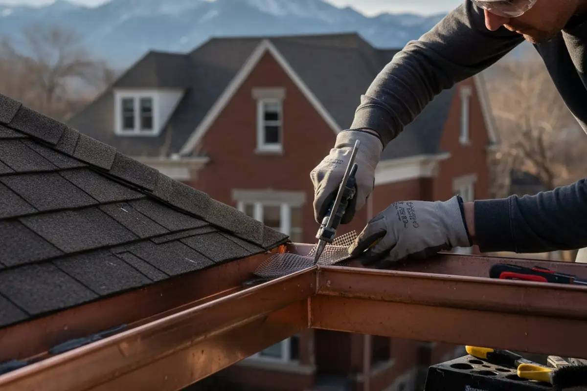 Technician sealing gutter joints with precision during expert repair at a Denver, CO home