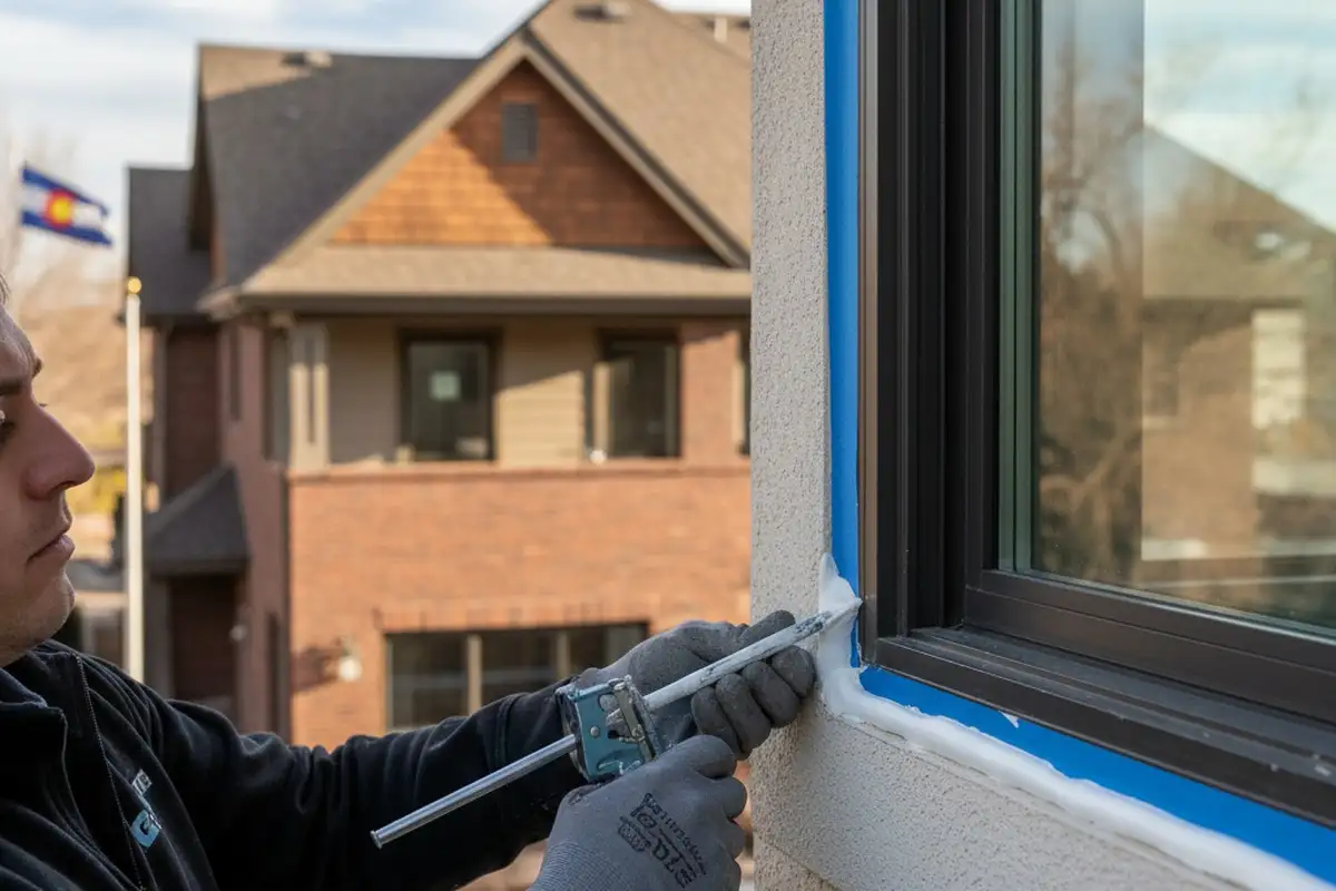 Technician sealing vinyl siding window trim with precise finish in Denver, CO installation