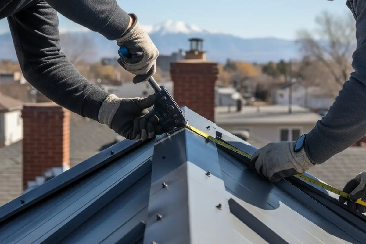 Technicians performing precise metal roofing seam and flashing installation in Denver, CO
