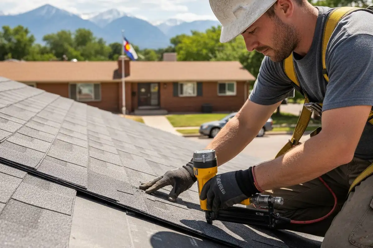 Technician performing precise roof installation on Denver, CO home for Next Level Exteriors vinyl siding services