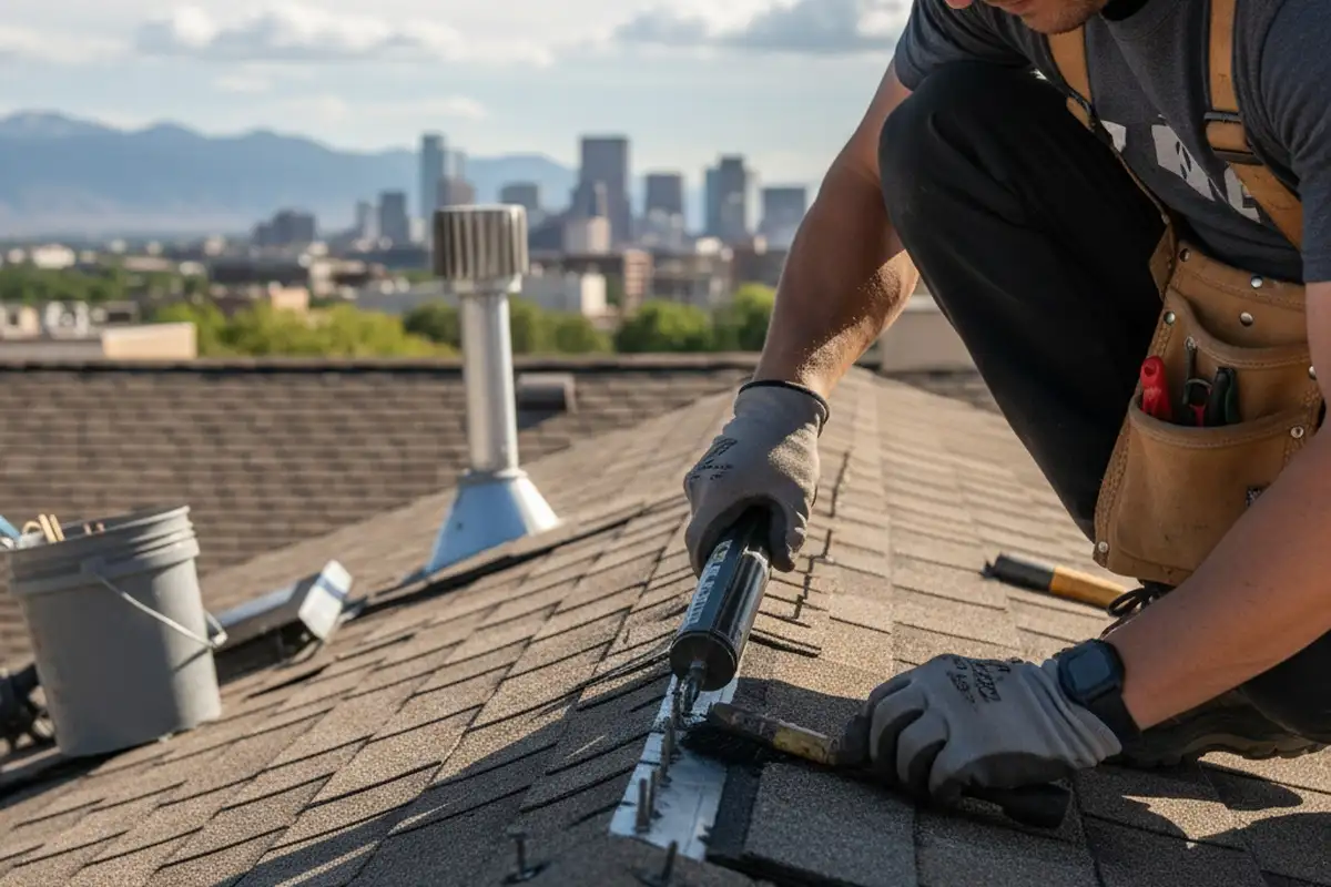 Technician performing precise roof repair detail work on a Denver, CO home for durable vinyl-siding protection