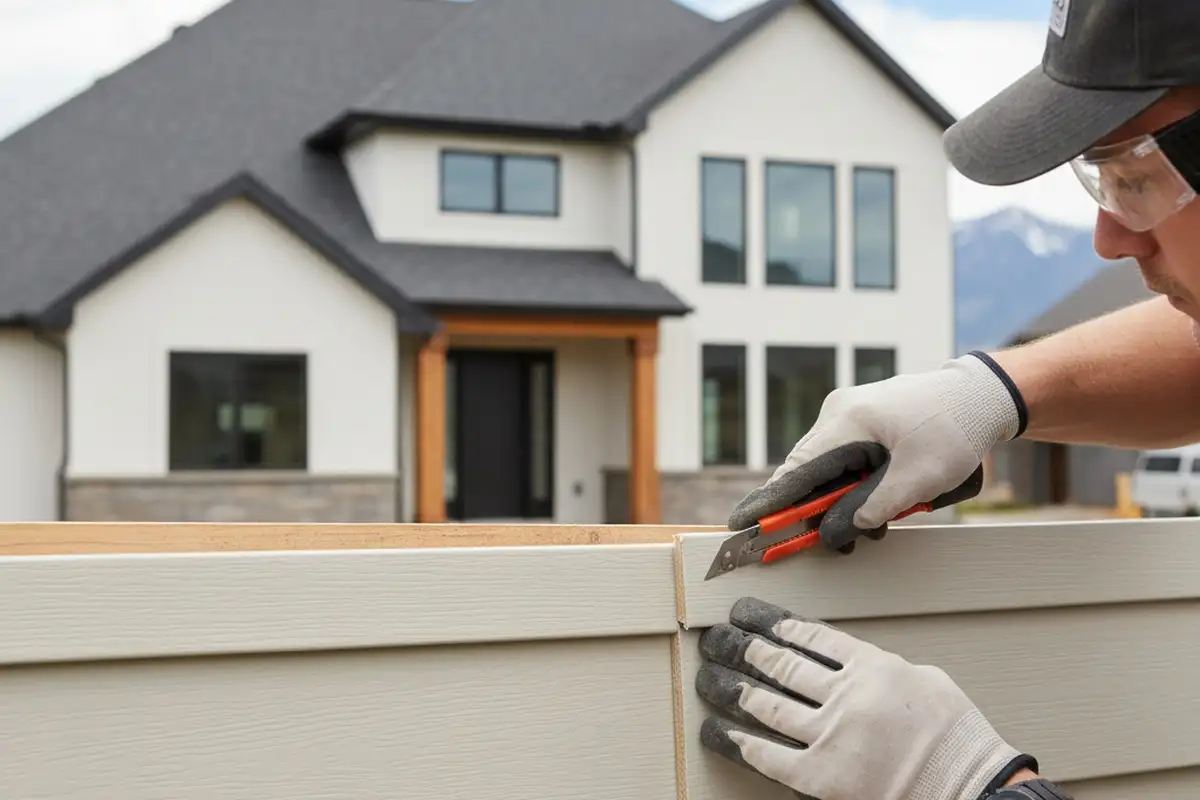 Technician installing precision vinyl siding panels at a Denver CO home with expert corner alignment