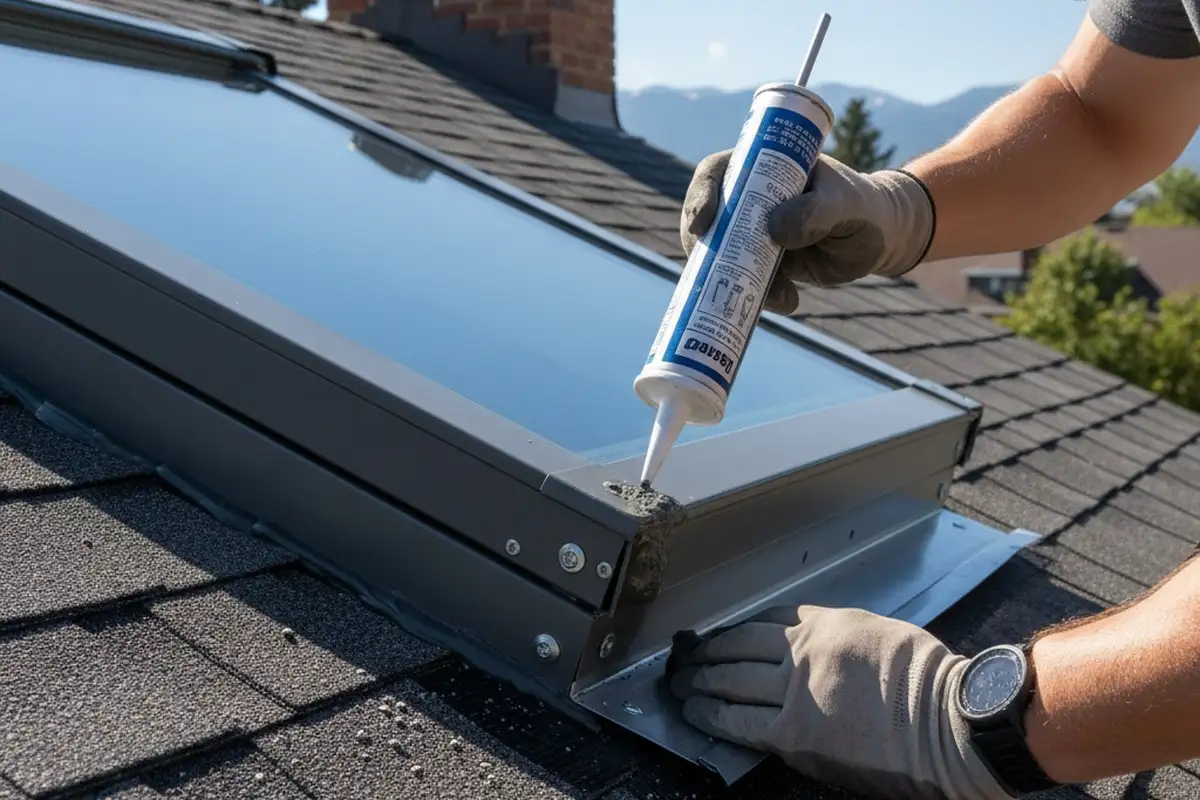 Close-up of precise skylight flashing and sealant work by vinyl siding experts in Denver, CO