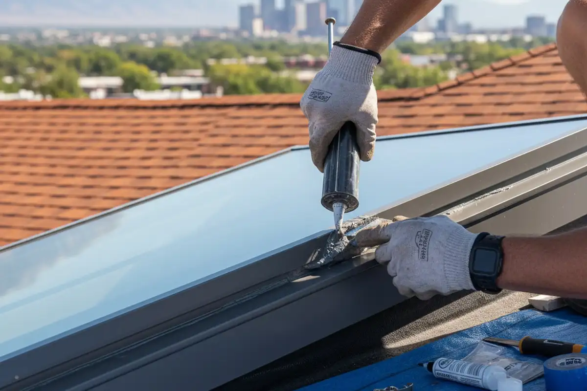 Technician performing precision skylight repair and sealing work at a Denver, CO vinyl siding home