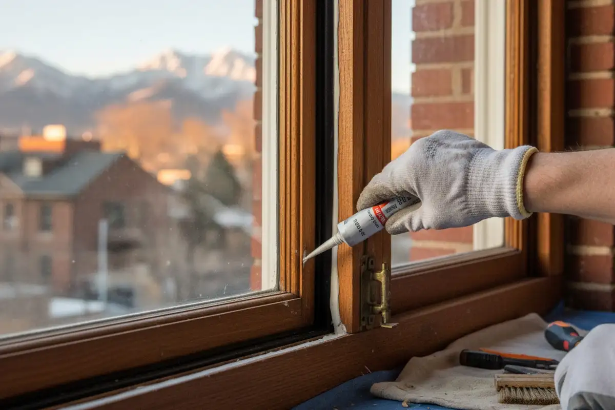 Close-up of precision window repair and caulking by vinyl siding experts in Denver, CO