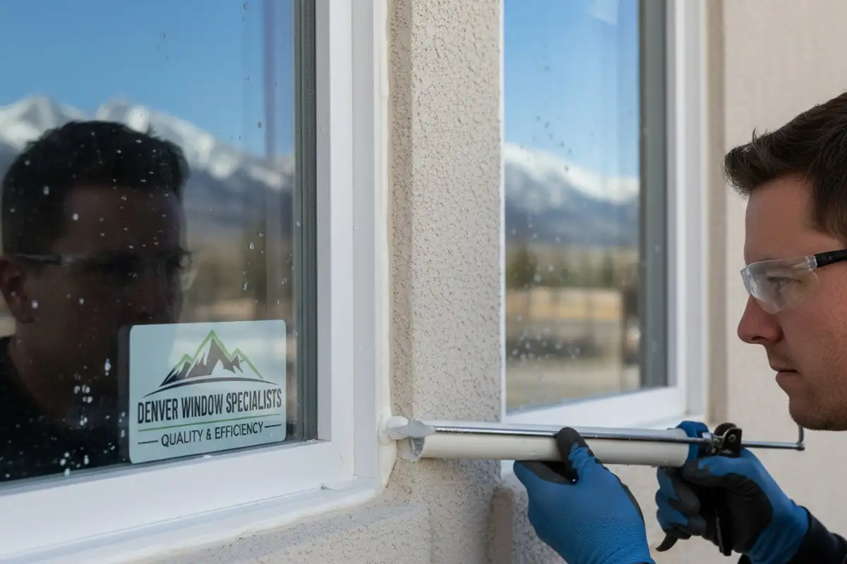 Technician sealing new vinyl window frame for energy efficiency in Denver, CO installation project