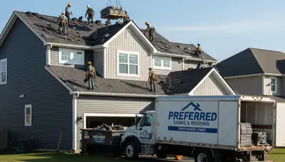 Roofers installing new vinyl siding and shingles on Denver CO home exterior renovation