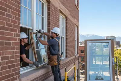 Technicians replacing old window with new installation at Denver, CO home | Vinyl siding experts