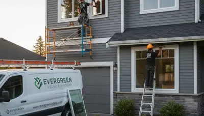 Technician repairing residential window frame with vinyl siding in Denver, CO